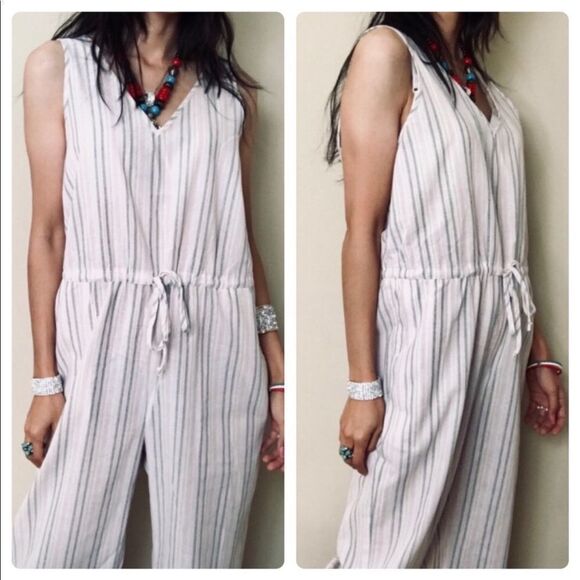 Anthro DREW Pink Gray Stripe V Neck Drawstring Sleeveless Wide Leg Jumpsuit XS - Picture 1 of 12